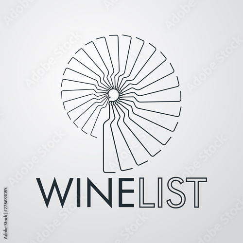 Logotipo abstracto con texto WINE LIST con botellas lineales en espiral en fondo gris