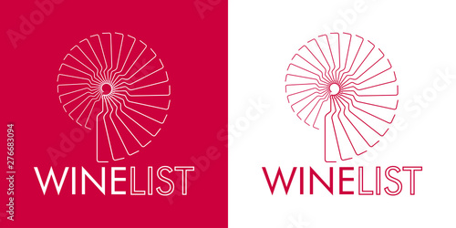 Logotipo abstracto con texto WINE LIST con botellas lineales en espiral en granate y blanco