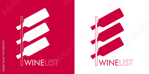 Logotipo abstracto con texto WINE LIST con botellas en soporte en granate y blanco