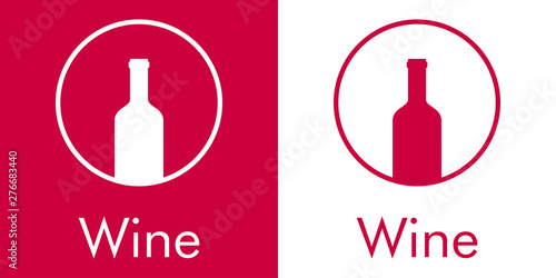 Logotipo abstracto con texto Wine con botella de vino en círculo lineal en granate y blanco