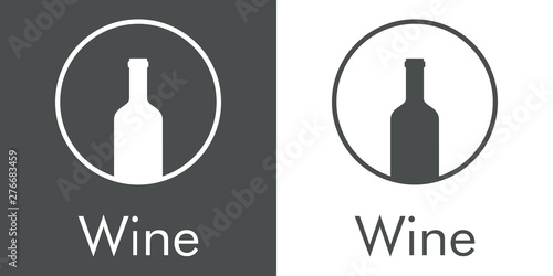 Logotipo abstracto con texto Wine con botella de vino en círculo lineal en gris y blanco