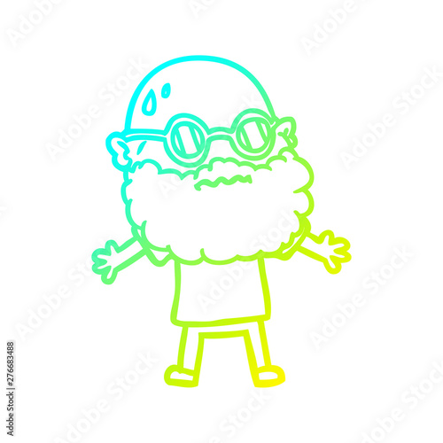 cold gradient line drawing cartoon worried man with beard and sunglasses