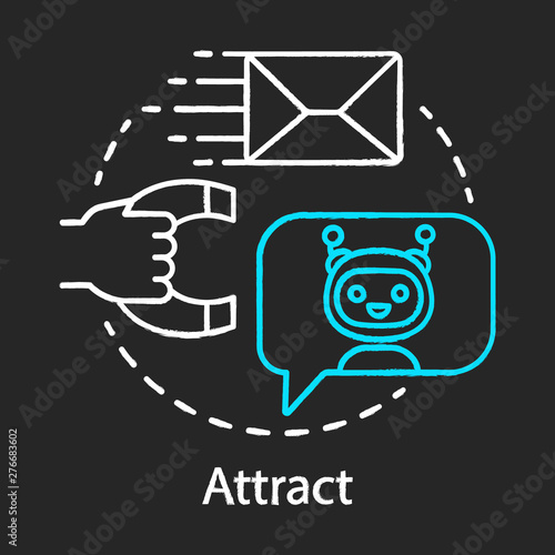 Attract chalk concept icon. Inbound marketing method for customer idea. Customer attraction. Brand awareness. Blog, ad, video, chatbot, social media. Vector isolated chalkboard illustration