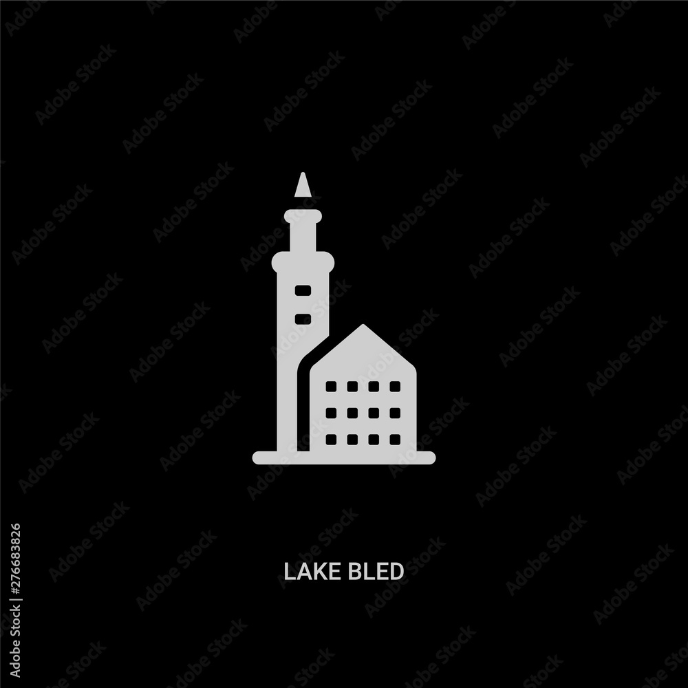 white lake bled vector icon on black background. modern flat lake bled from buildings concept vector sign symbol can be use for web, mobile and logo.