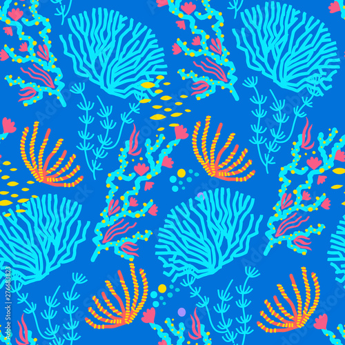 Vector seamless pattern of colorful underwater ocean coral reef plants, corals and anemones.