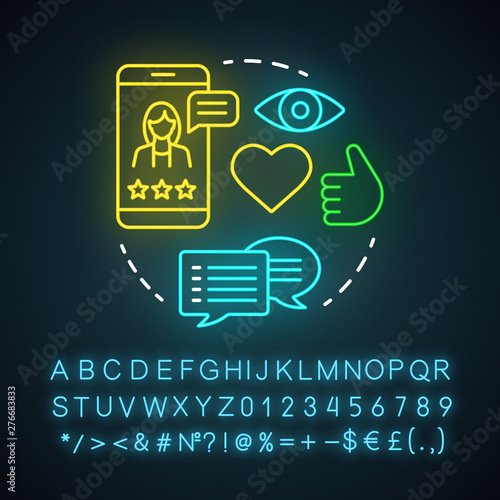 Engaging comments neon light icon. Online PR. Subscribers review. Blog commenting, clients positive review, feedback. Glowing sign with alphabet, numbers and symbols. Vector isolated illustration
