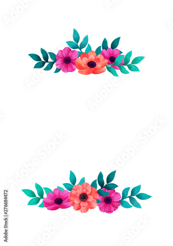 Tropical flowers border template. Vertical Design with flowers and palm leave...