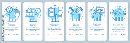 Attribution modeling types blue onboarding mobile app page screen vector template. Diagrams, charts walkthrough website steps with linear illustrations. UX, UI, GUI smartphone interface concept