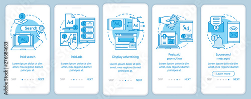 PPC channels blue onboarding mobile app page screen vector template. Media marketing, ad networks walkthrough website steps with linear illustrations. UX, UI, GUI smartphone interface concept