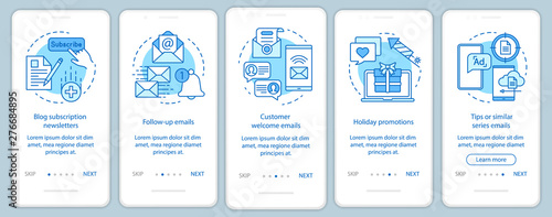 Email marketing blue onboarding mobile app page screen vector template. Blog subscription, promotions walkthrough website steps with linear illustrations. UX, UI, GUI smartphone interface concept