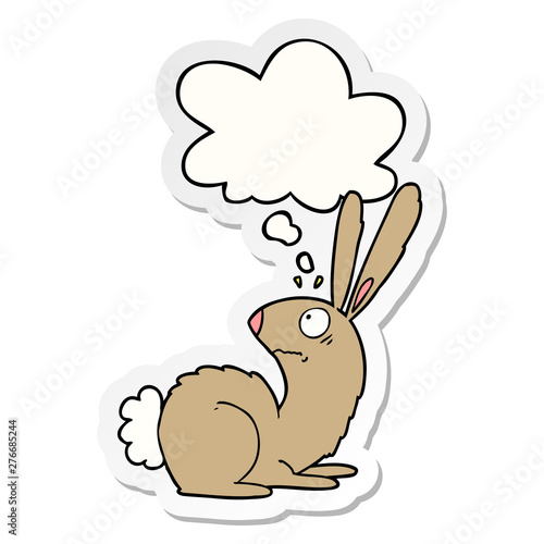 cartoon startled bunny rabbit and thought bubble as a printed sticker