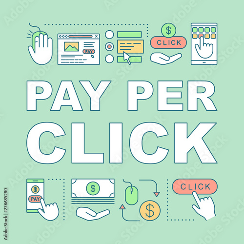 Pay per click word concepts banner. Digital marketing tactic. Internet advertising model. Presentation, website. Isolated lettering typography idea with linear icons. Vector outline illustration