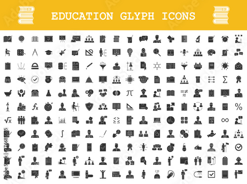 Education glyph icons big set. School, college, university, self study, business education. Educational program. E learning, online courses, classes. Silhouette symbols. Vector isolated illustration