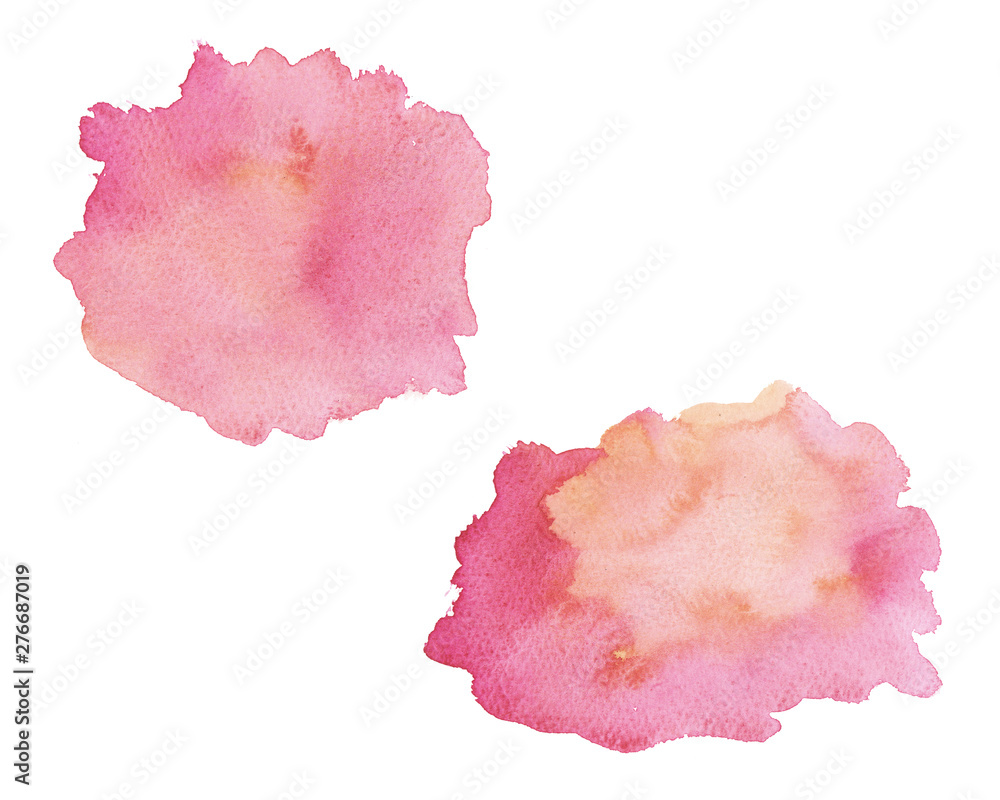 Hand painted abstract Watercolor Wet pink, coral and orange set brush strokes isolated on white background. Abstract painting, design for invitation, greeting card, wedding. empty space for text