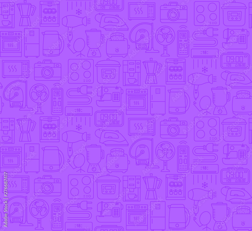 Home appliance vector seamless pattern. Household electronics violet background. Purple texture with linear icons. Domestic kitchen, cleaning devices wrapping paper, wallpaper design