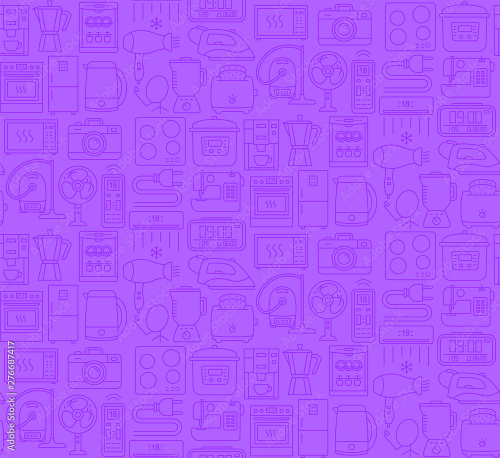 Home appliance vector seamless pattern. Household electronics violet background. Purple texture with linear icons. Domestic kitchen, cleaning devices wrapping paper, wallpaper design Home appliance vector seamless pattern. Household electronics violet background. Purple texture with linear icons. Domestic kitchen, cleaning devices wrapping paper, wallpaper design