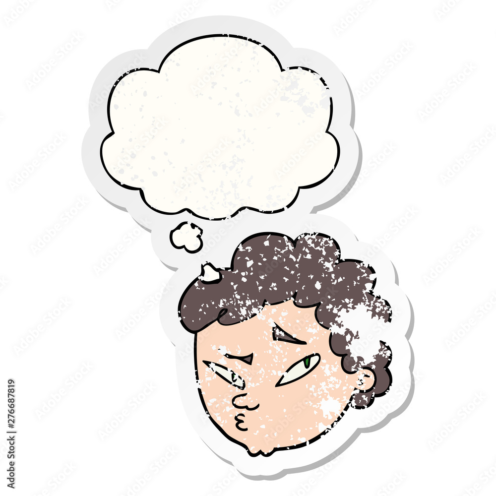 cartoon suspicious man and thought bubble as a distressed worn sticker cartoon suspicious man and thought bubble as a distressed worn sticker