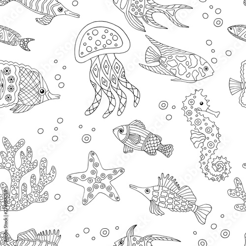 Abstract seamless pattern with hand-drawn sea fish  coloring page