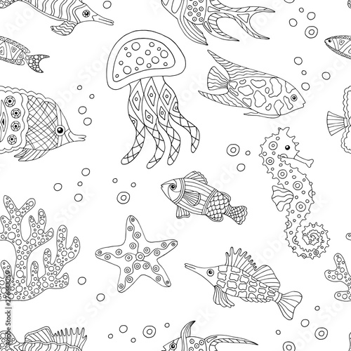 Abstract seamless pattern with hand-drawn sea fish, coloring page