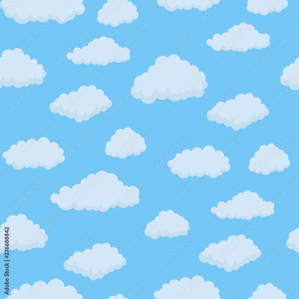 Cute white clouds in blue sky seamless pattern. Texture for wallpapers, fabric, wrap, web page backgrounds, vector illustration