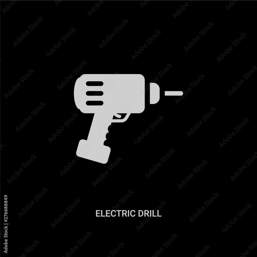 white electric drill vector icon on black background. modern flat electric drill from construction concept vector sign symbol can be use for web, mobile and logo. white electric drill vector icon on black background. modern flat electric drill from construction concept vector sign symbol can be use for web, mobile and logo.