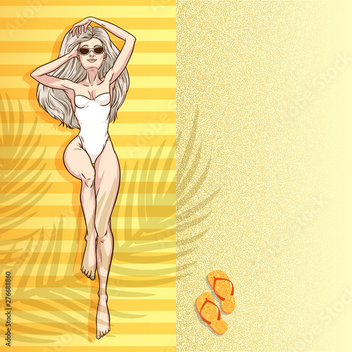 Young beautiful blonde woman relaxing by the sea in swimsuit. Beach girl, bikini, summer holidays. Glamour model. Vector comic illustration