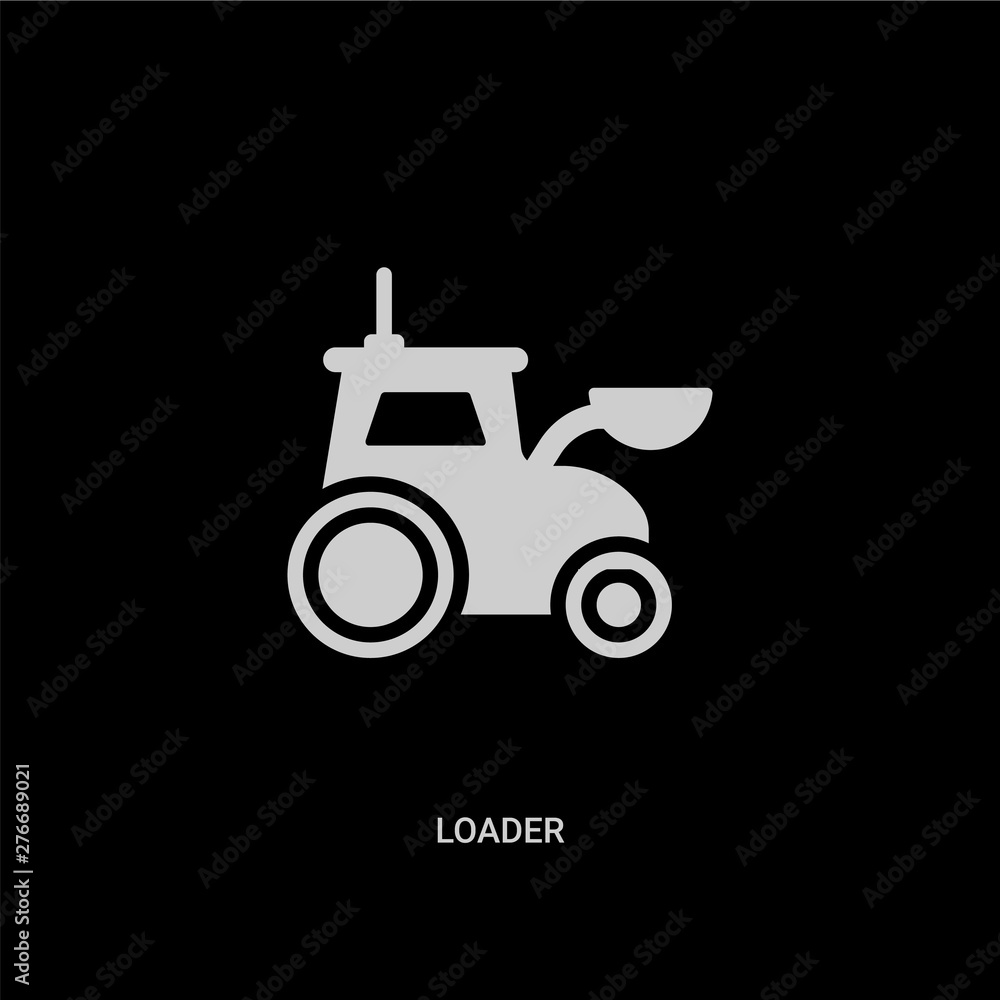 white loader vector icon on black background. modern flat loader from construction tools concept vector sign symbol can be use for web, mobile and logo. white loader vector icon on black background. modern flat loader from construction tools concept vector sign symbol can be use for web, mobile and logo.