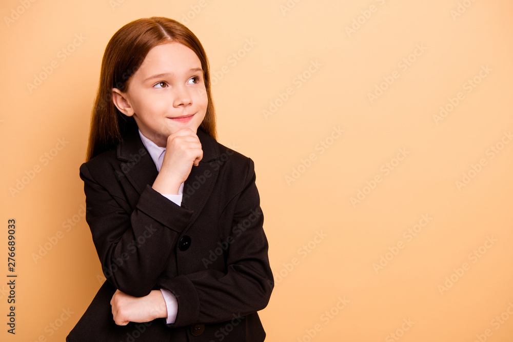 Portrait of her she nice attractive cute lovely dreamy cheerful sweet pre-teen girl learner wearing formal jacket blazer science knowledge isolated over beige pastel background Portrait of her she nice attractive cute lovely dreamy cheerful sweet pre-teen girl learner wearing formal jacket blazer science knowledge isolated over beige pastel background