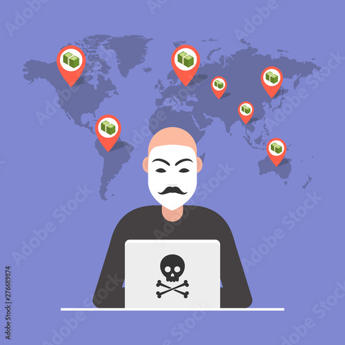 Hacker sitting at the desktop and hacking secret data on the laptop. World map and points on background. Vector illustration.