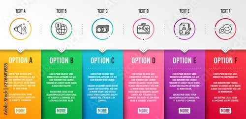 Loud sound, Payment and Algorithm icons simple set. World money, Tool case and Dating signs. Music, Finance. Business set. Infographic template. 6 steps timeline. Business options. Vector