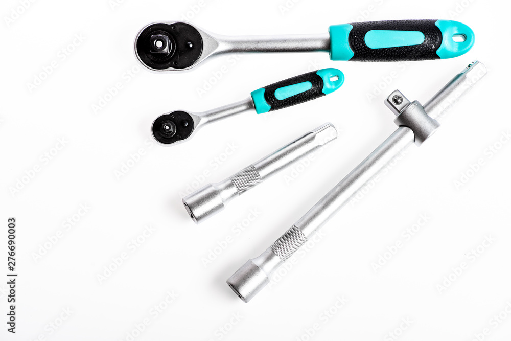 multi purpose tool kit. Chrome Vanadium Steel. metallized fix equipment. socket wrench isolated on white background. Iron tools set. copy space. metallic socket wrench or spanner multi purpose tool kit. Chrome Vanadium Steel. metallized fix equipment. socket wrench isolated on white background. Iron tools set. copy space. metallic socket wrench or spanner