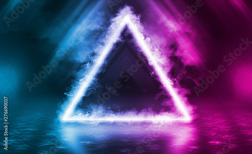 Wallpaper Mural Empty background scene. Dark reflection of the street on the wet asphalt. Rays of neon light in the dark, neon figure of a triangle, smoke. Background of empty stage show. Abstract dark background. Torontodigital.ca