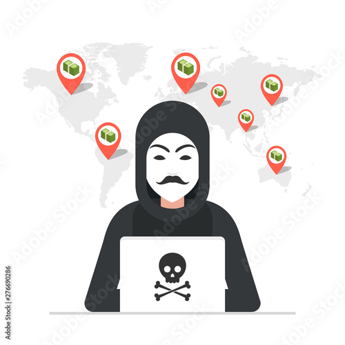 Hacker sitting at the desktop and hacking secret data on the laptop. World map and points on background. Vector illustration.