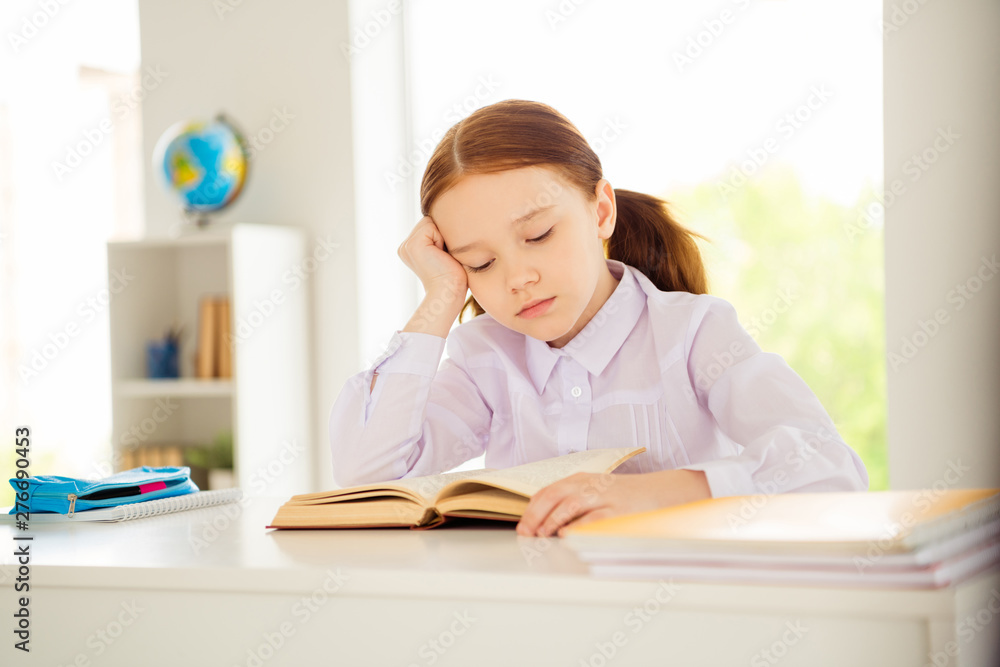 Close up photo disappointed sad person little touch hands head cheeks dont want knowledge materials sit class room big light dressed white fashionable clothing modern shirt blouse foxy ginger haircut Close up photo disappointed sad person little touch hands head cheeks dont want knowledge materials sit class room big light dressed white fashionable clothing modern shirt blouse foxy ginger haircut