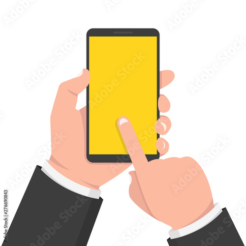 Hand holding smartphone and touching screen. Vector illustration.