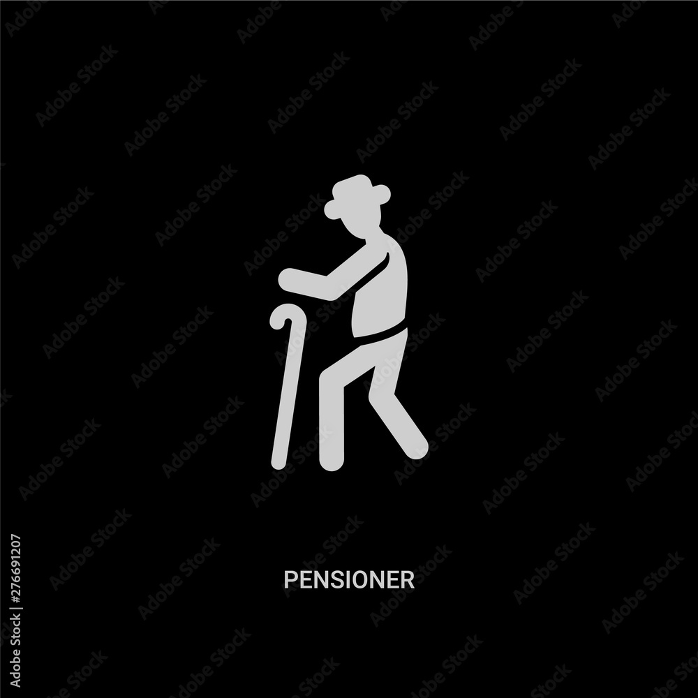 white pensioner vector icon on black background. modern flat pensioner from professions and jobs concept vector sign symbol can be use for web, mobile and logo. white pensioner vector icon on black background. modern flat pensioner from professions and jobs concept vector sign symbol can be use for web, mobile and logo.