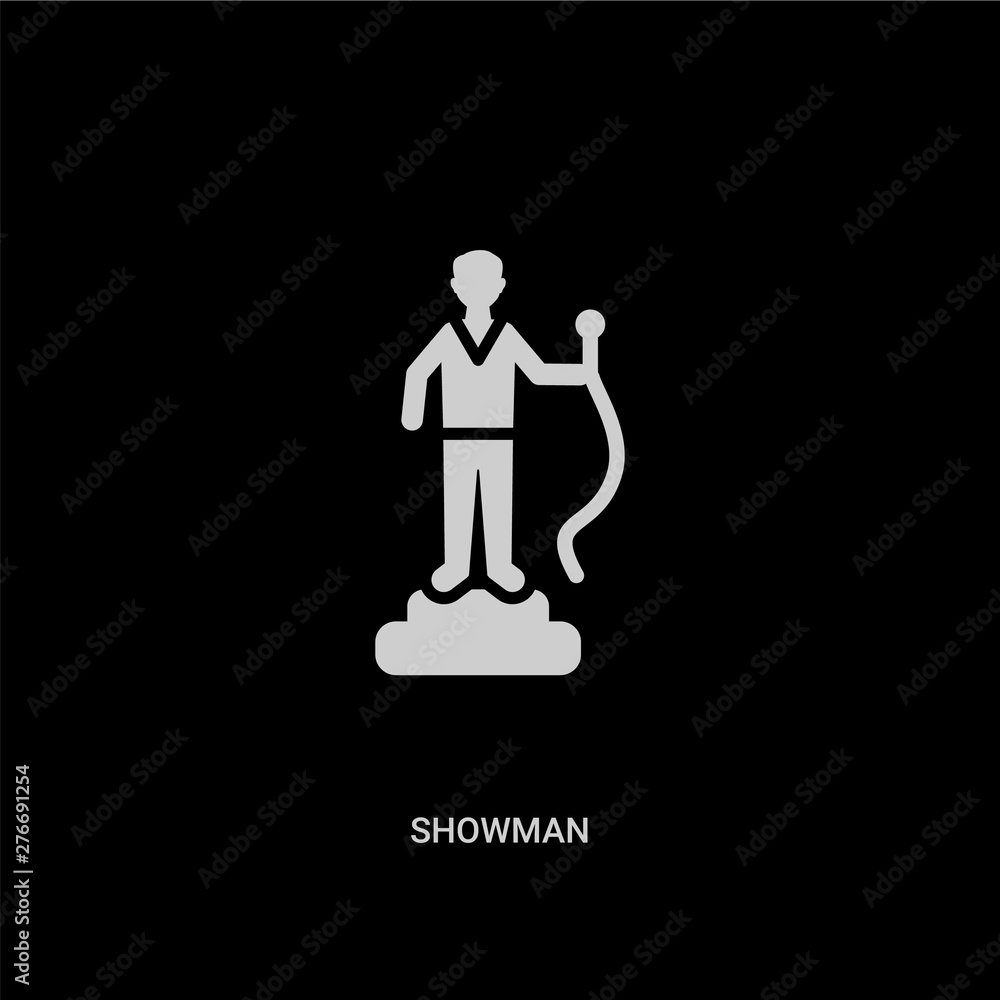 white showman vector icon on black background. modern flat showman from professions and jobs concept vector sign symbol can be use for web, mobile and logo. white showman vector icon on black background. modern flat showman from professions and jobs concept vector sign symbol can be use for web, mobile and logo.