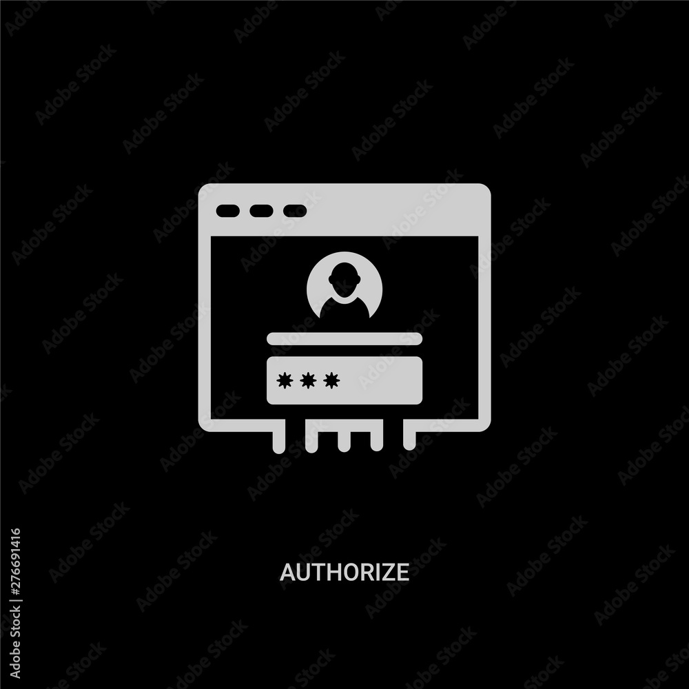 white authorize vector icon on black background. modern flat authorize from programming concept vector sign symbol can be use for web, mobile and logo. white authorize vector icon on black background. modern flat authorize from programming concept vector sign symbol can be use for web, mobile and logo.