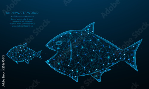 Big fish eat small low poly design, predator and prey in polygonal style, underwater world vector illustration on blue background