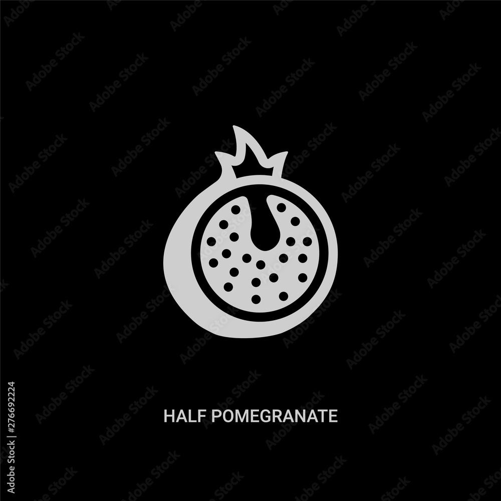white half pomegranate vector icon on black background. modern flat half pomegranate from religion concept vector sign symbol can be use for web, mobile and logo. white half pomegranate vector icon on black background. modern flat half pomegranate from religion concept vector sign symbol can be use for web, mobile and logo.