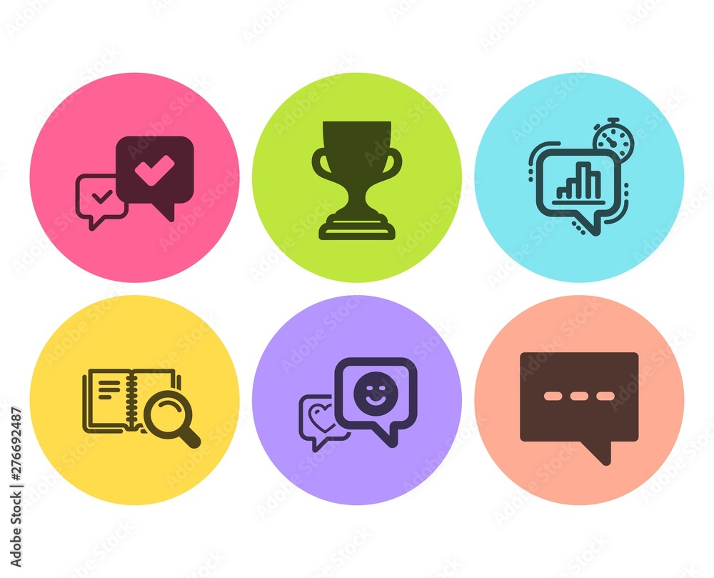 Award cup, Smile and Search book icons simple set. Approve, Statistics timer and Blog signs. Trophy, Socila media. Business set. Flat award cup icon. Circle button. Vector Award cup, Smile and Search book icons simple set. Approve, Statistics timer and Blog signs. Trophy, Socila media. Business set. Flat award cup icon. Circle button. Vector