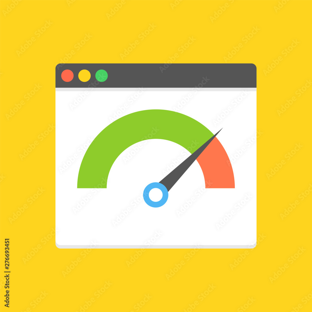 site speed loading time.  browser with speedometer test showing fast good page loading