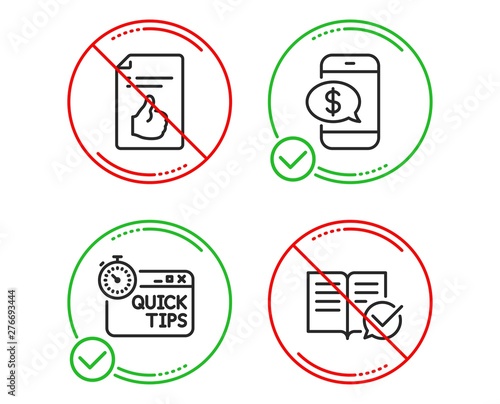 Do or Stop. Quick tips  Phone payment and Approved document icons simple set. Approved documentation sign. Helpful tricks  Mobile pay  Like symbol. Instruction book. Education set. Vector