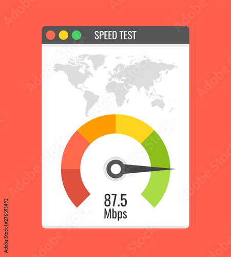 Website speed loading time. Web browser with speedometer test showing fast good page loading speed time. Vector illustration.