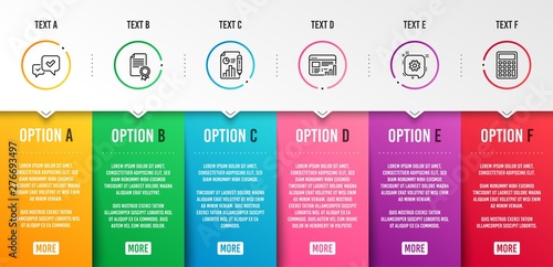Certificate, Web report and Report document icons simple set. Cogwheel, Approve and Calculator signs. Diploma, Graph chart. Education set. Infographic template. 6 steps timeline. Business options