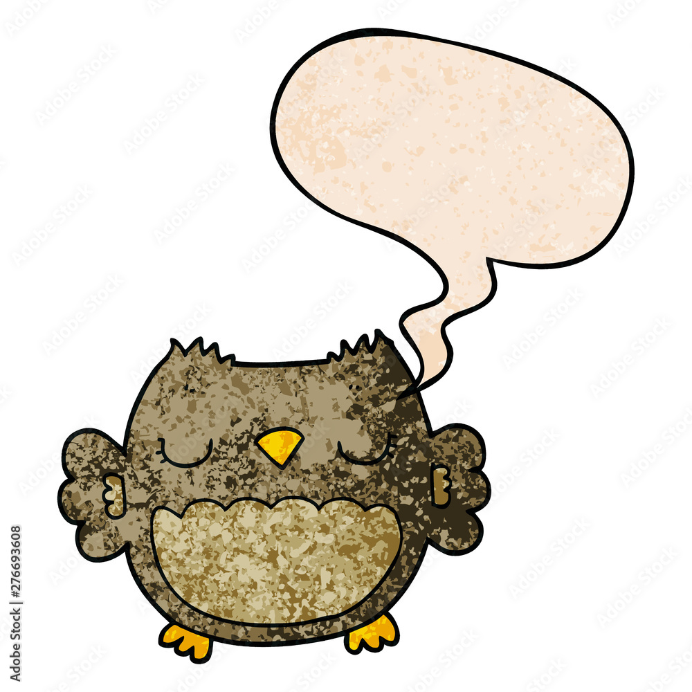 cute cartoon owl and speech bubble in retro texture style