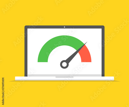 Laptop with speed test on the screen. Vector illustration.