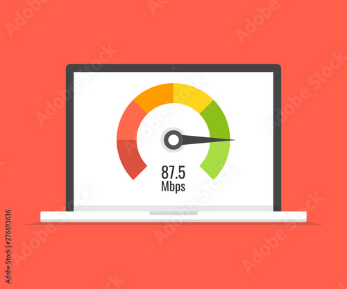 Laptop with speed test on the screen. Vector illustration.