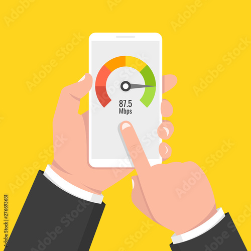 Hand holding smartphone with speed test on the screen. Vector illustration.