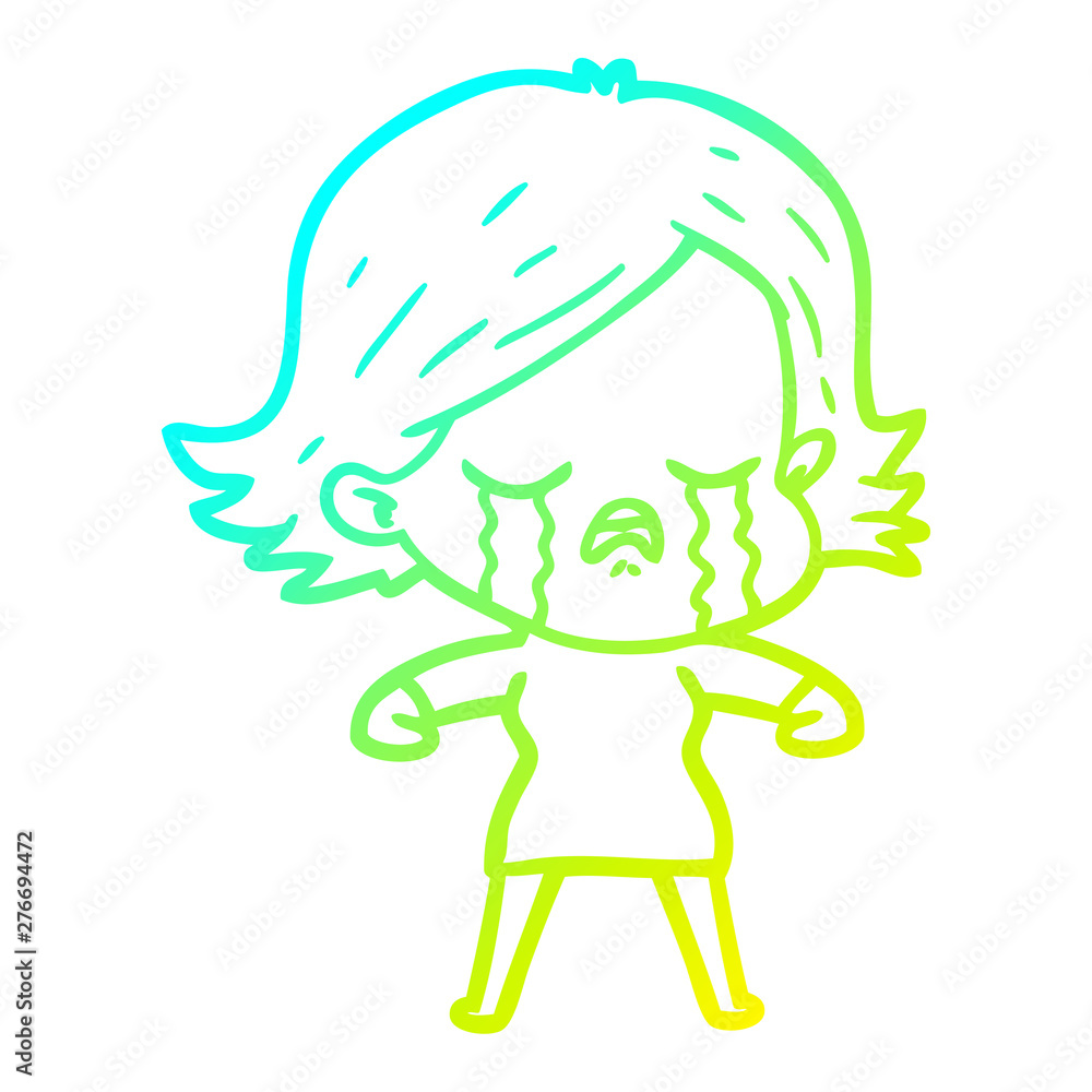 cold gradient line drawing cartoon girl crying